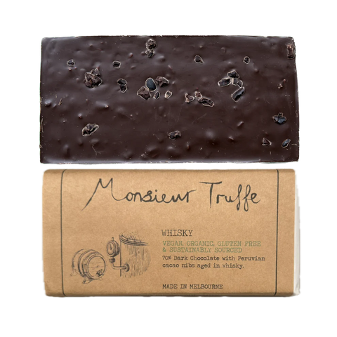 Monsieur Truffe 70% Dark Chocolate with Whiskey and Nibs Bar | 90g